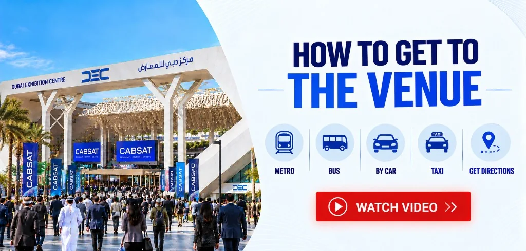 Banner for 'How to get to the venue' featuring the Dubai Exhibition Centre, icons for Metro, Bus, Car, and Taxi, and a Watch Video button.